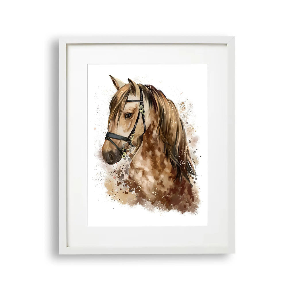 Tablou cu rama pentru copii care prezinta un portret impresionant al unui cal maro pictat cu acuarela acrylic equine