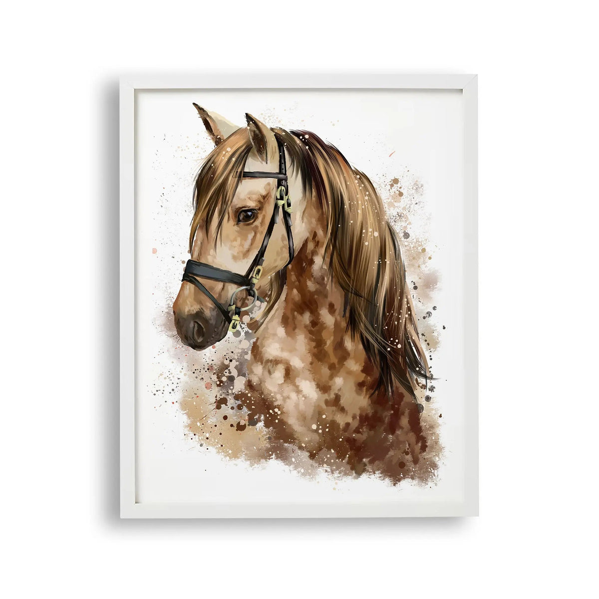 Tablou cu rama pentru copii care prezinta un portret impresionant al unui cal maro pictat cu acuarela acrylic equine