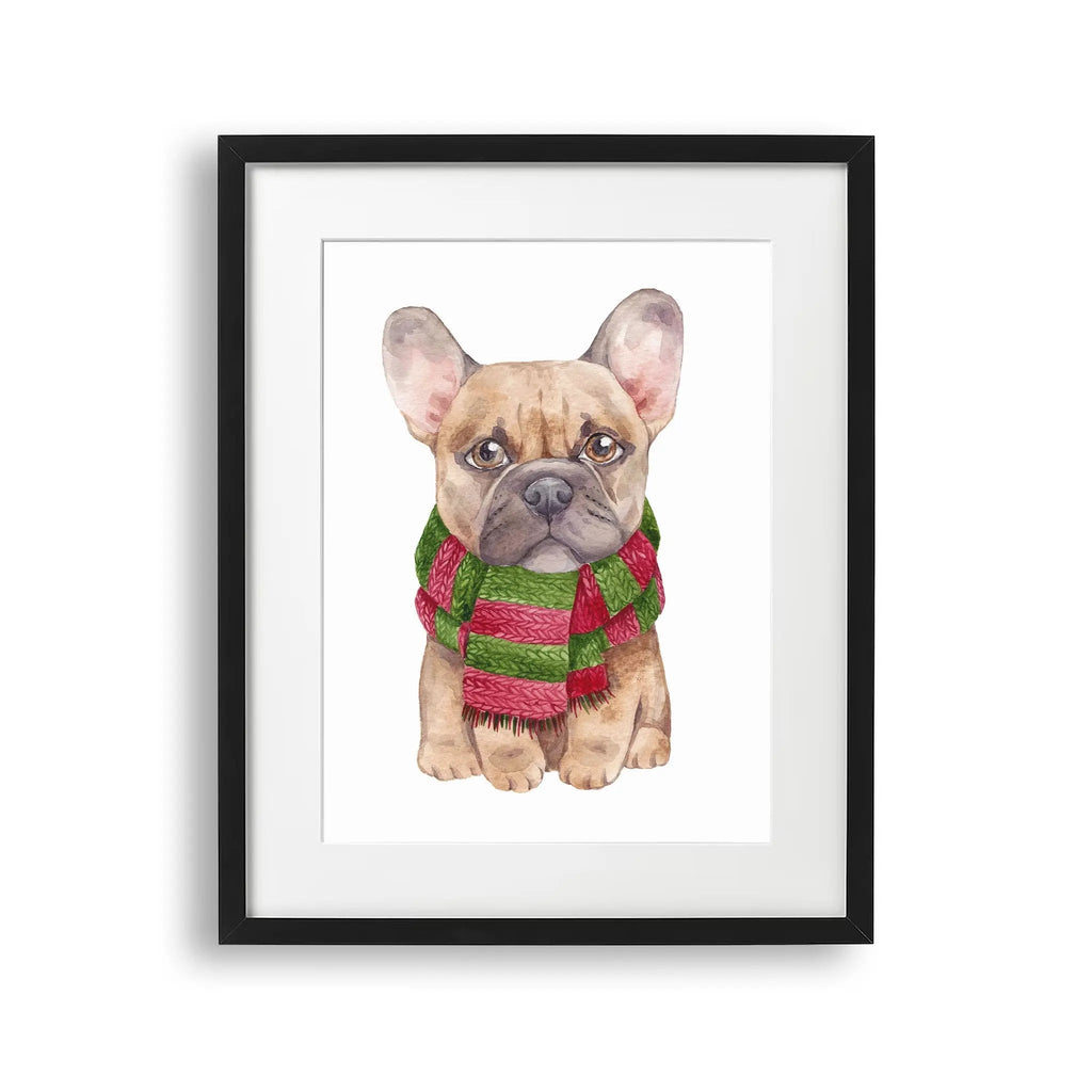 Tablou cu rama pentru copii care ilustreaza un buldog francez cu fular la gat pictat cu acuarela french bulldog