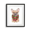 Tablou cu rama pentru copii care ilustreaza un buldog francez cu fular la gat pictat cu acuarela french bulldog