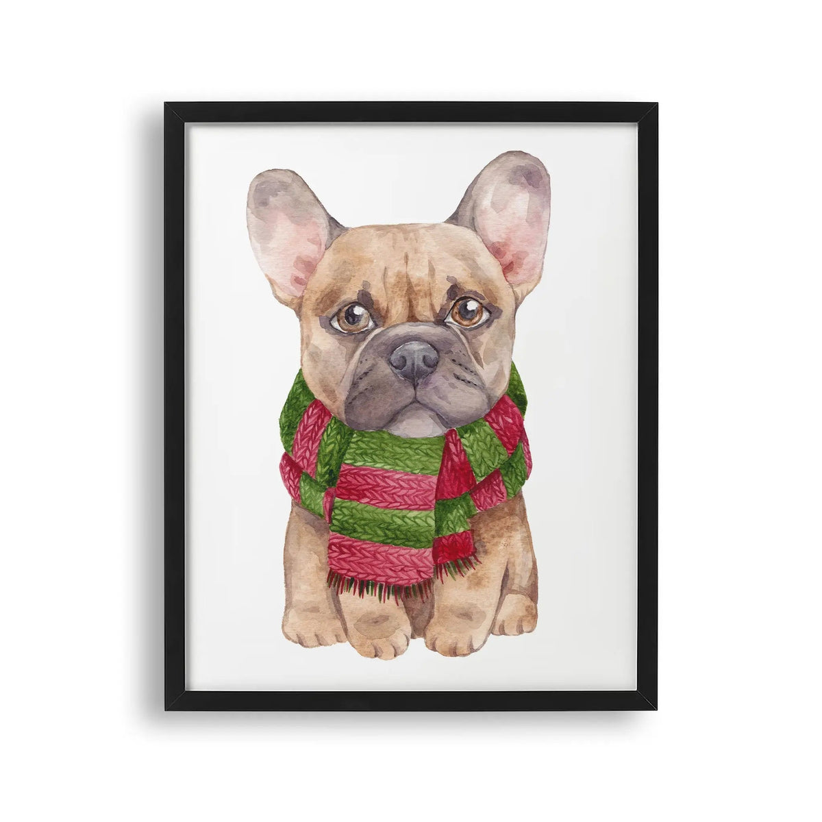 Tablou cu rama pentru copii care ilustreaza un buldog francez cu fular la gat pictat cu acuarela french bulldog