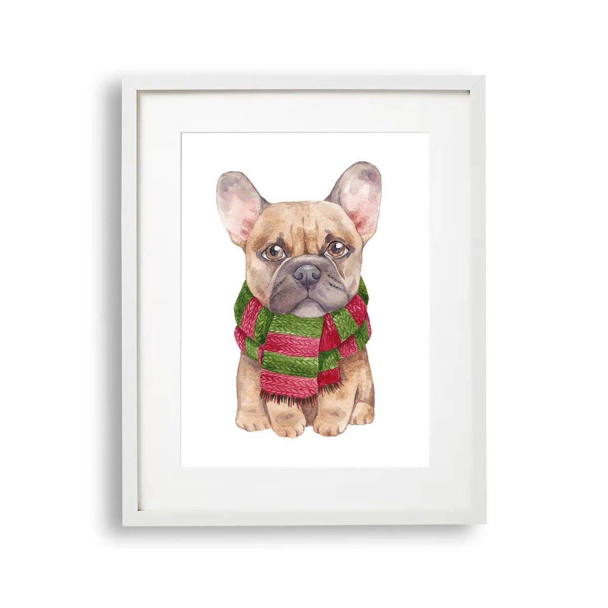 Tablou cu rama pentru copii care ilustreaza un buldog francez cu fular la gat pictat cu acuarela french bulldog