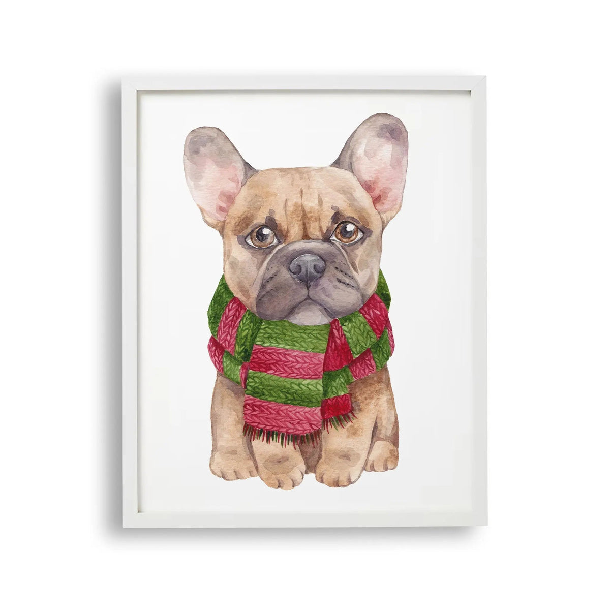 Tablou cu rama pentru copii care ilustreaza un buldog francez cu fular la gat pictat cu acuarela french bulldog