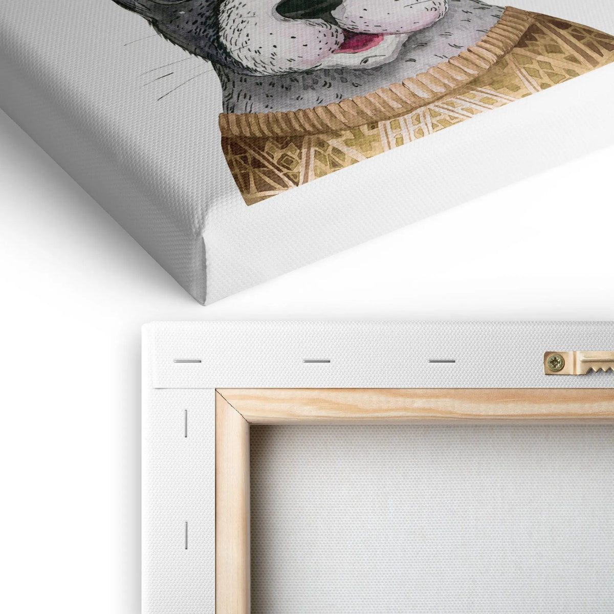 Tablou canvas pentru copii ce ilustreaza un bust de buldog francez cu pene pe cap desenat cu acuarele pe un fundal alb creand o imagine colorata si vesela pentru copii feathery frenchie