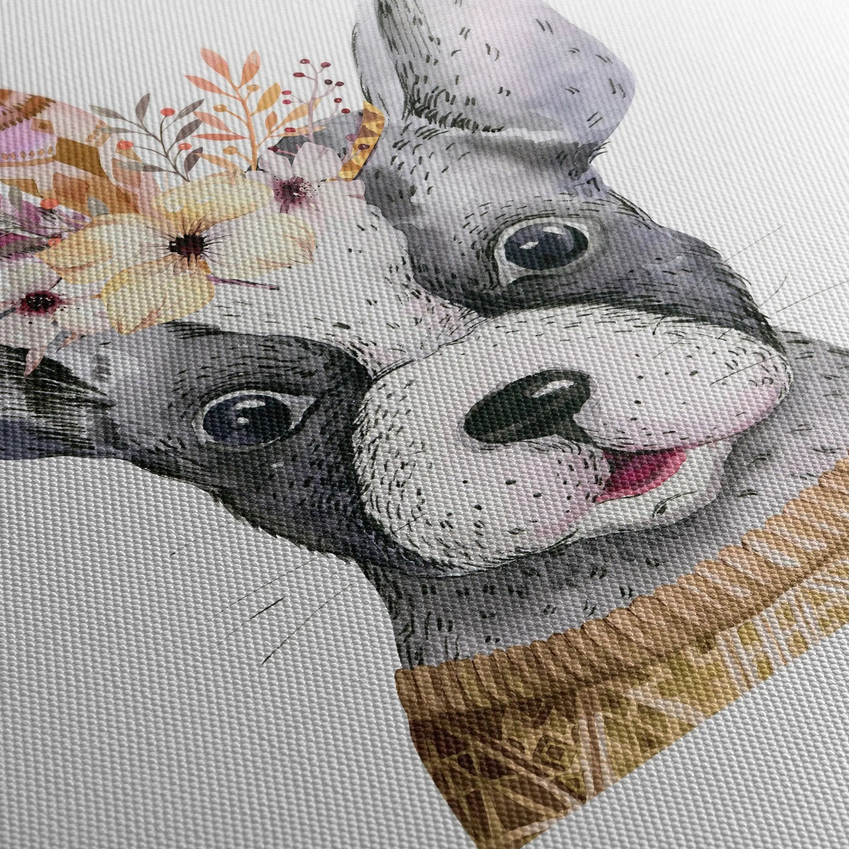 Tablou canvas pentru copii ce ilustreaza un bust de buldog francez cu pene pe cap desenat cu acuarele pe un fundal alb creand o imagine colorata si vesela pentru copii feathery frenchie