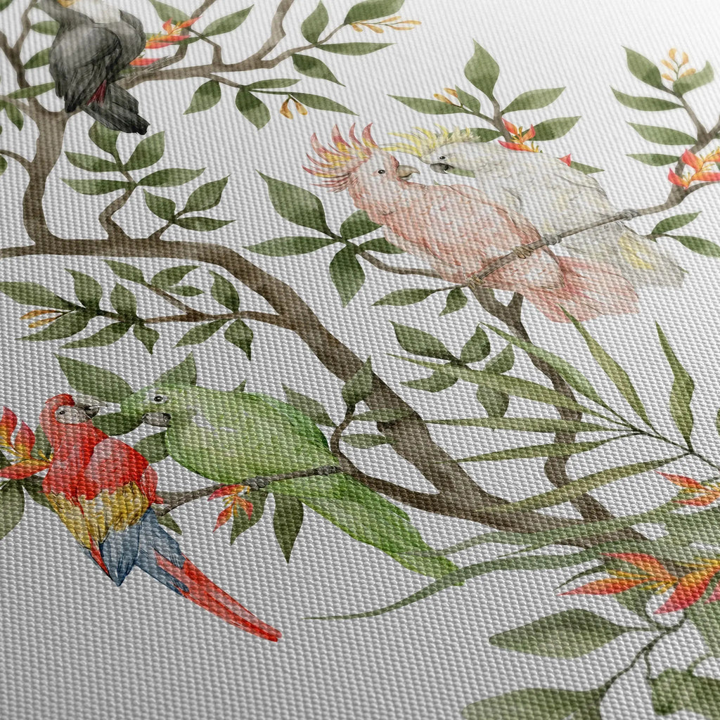 Tablou canvas pentru copii ce prezinta un copac plin de papagali multicolori tropical paradise