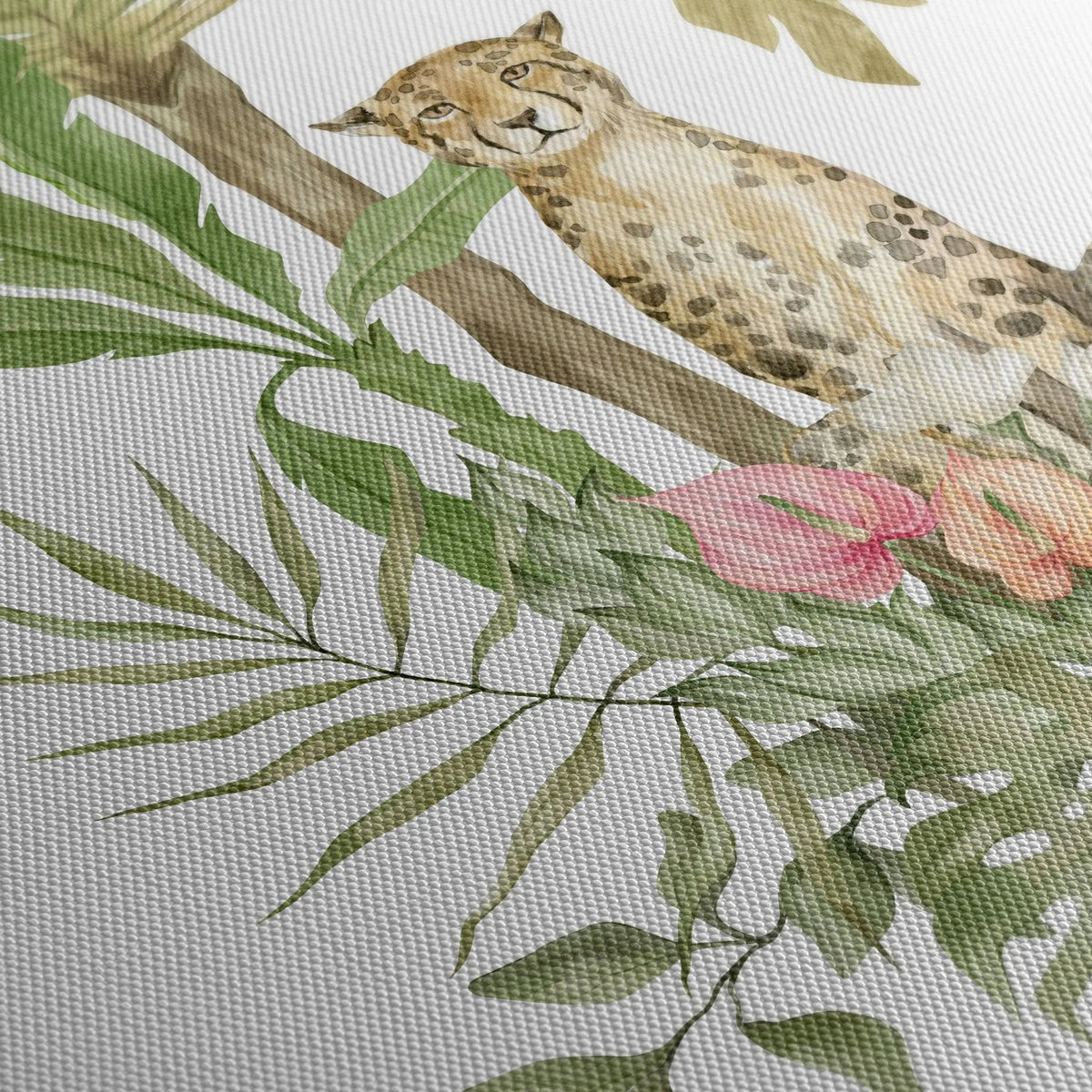 Tabloul canvas pentru copii ilustreaza plante si animale tropicale leopard papagali bananier jungle cat